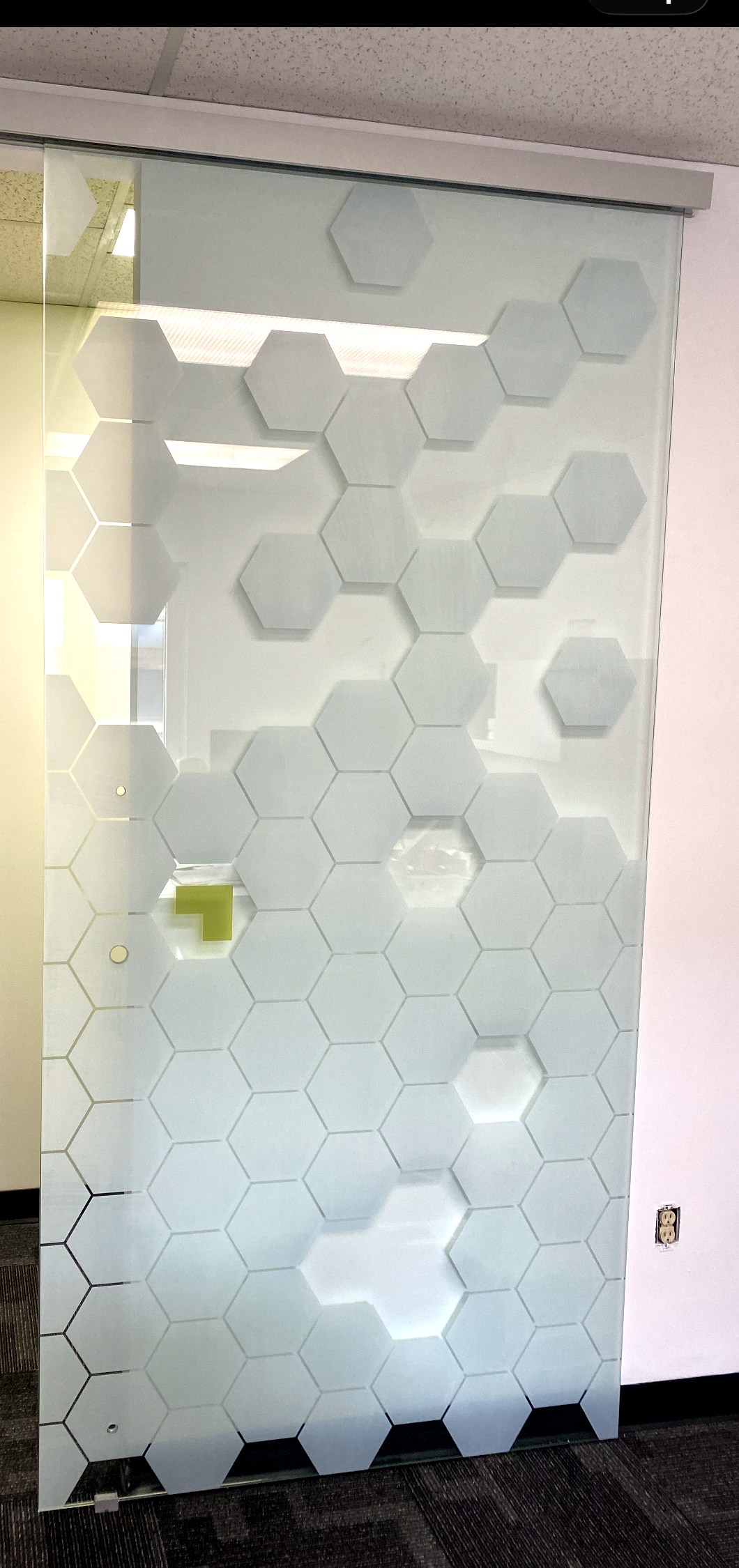 Custom printed film, hexagon pattern, glass partition.